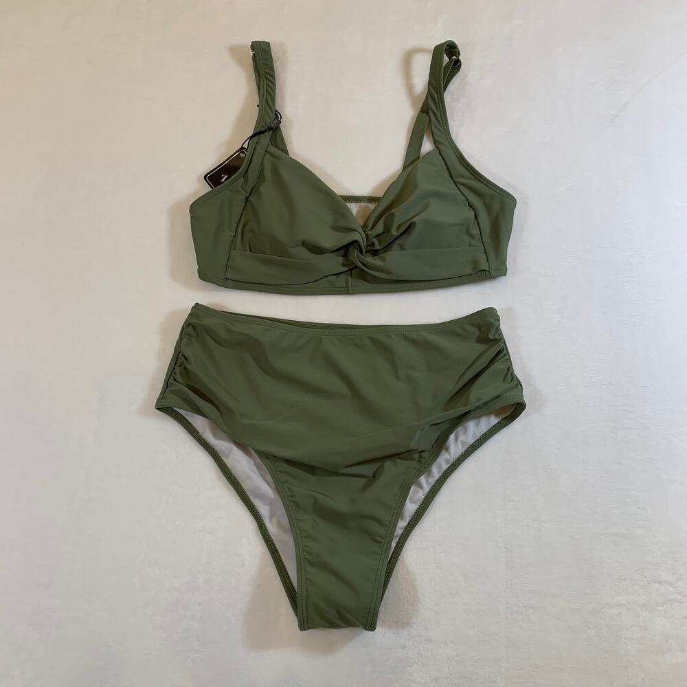 NWT Zaful Green Bikini with Twist Front Top & High Waisted Bottoms Size Medium 6